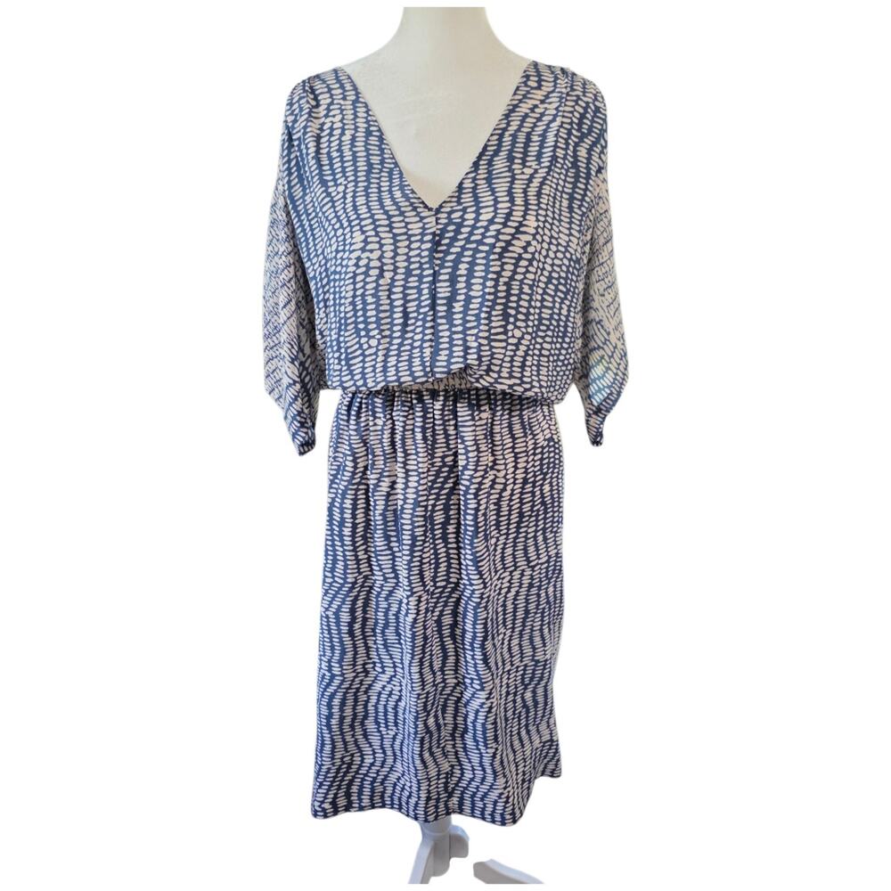 Humanoid Women L 100% Silk Midi Dress Blue Cream Abstract Print Dolman Sleeve